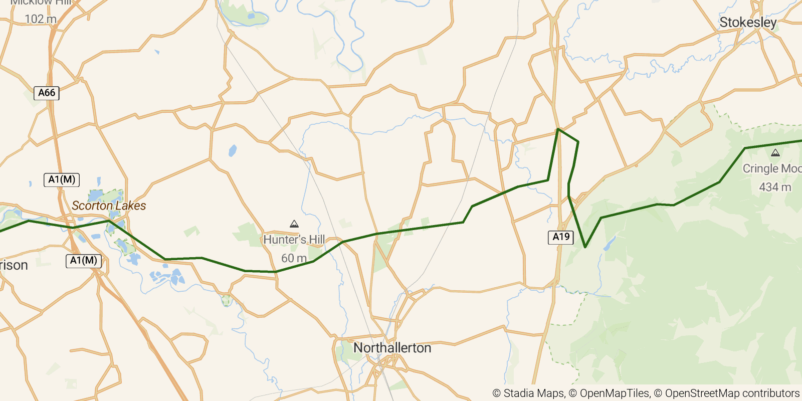 Route map of the Coast to Coast Walk — Stages 10–11: Richmond to Clay Bank Top on OpenStreetMap terrain