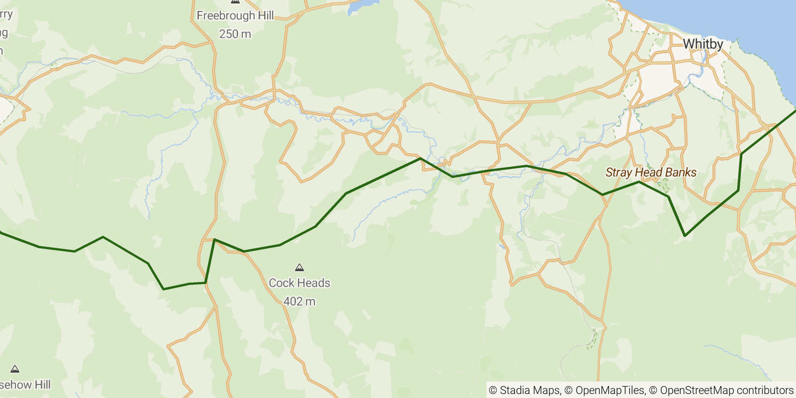 Route map of the Coast to Coast Walk — Stages 12–14: Clay Bank Top to Robin Hood’s Bay on OpenStreetMap terrain