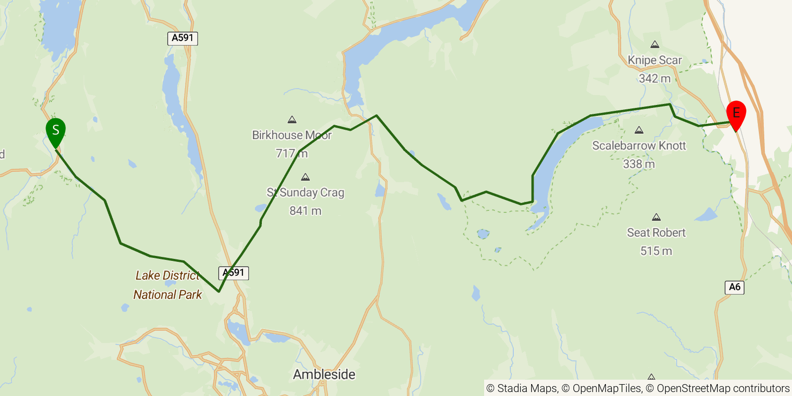 Route map of the Coast to Coast Walk — Stages 3–5: Rosthwaite to Shap on OpenStreetMap terrain