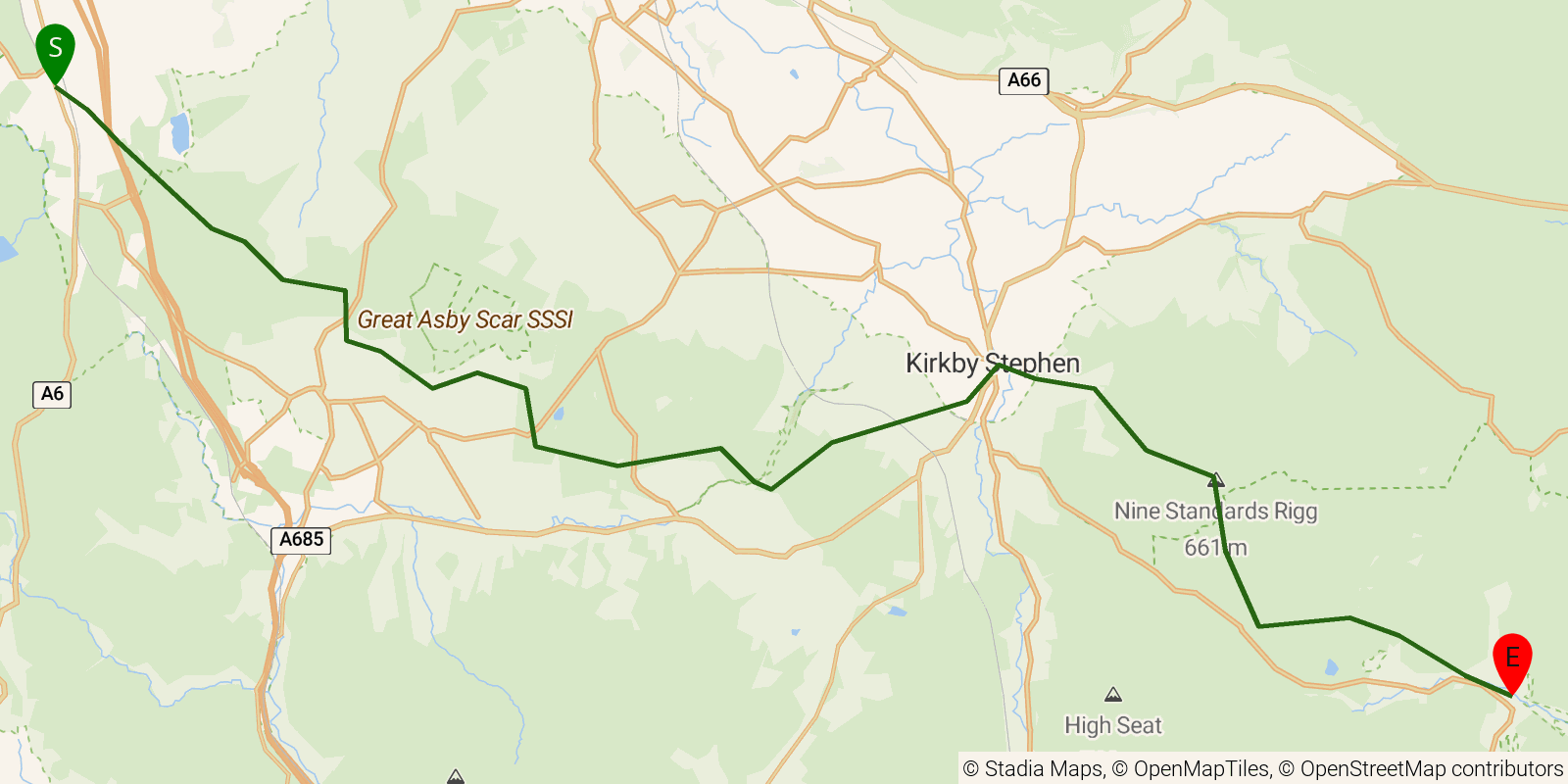 Route map of the Coast to Coast Walk — Stages 6–7: Shap to Keld on OpenStreetMap terrain