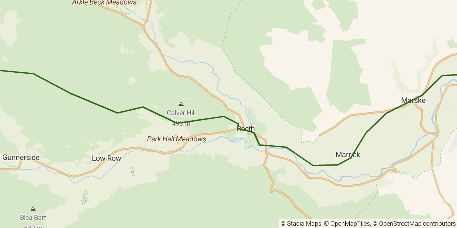 Route map of the Coast to Coast Walk — Stages 8–9: Keld to Richmond on OpenStreetMap terrain