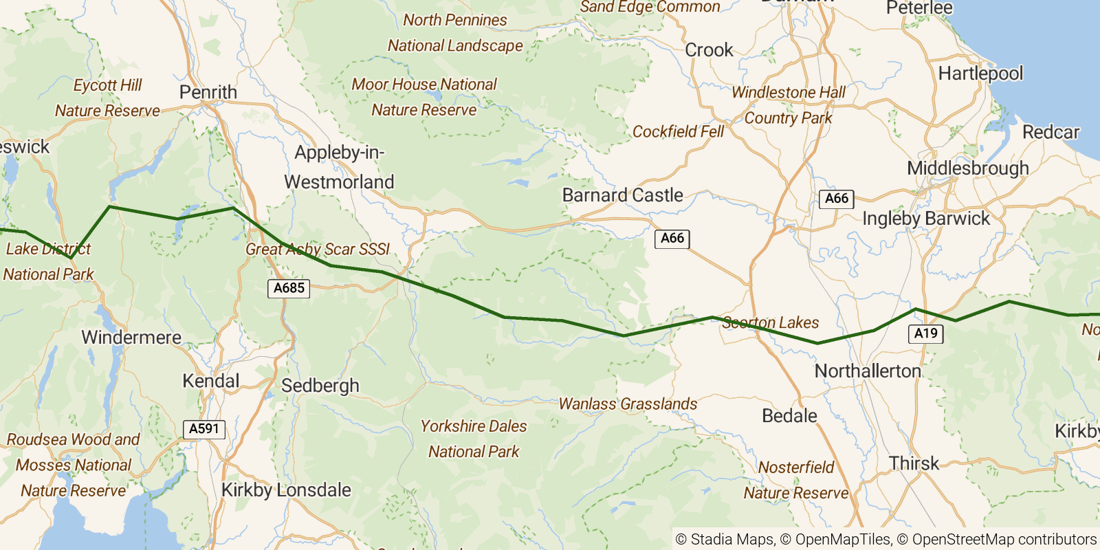 Route map of the Coast to Coast Walk on OpenStreetMap terrain