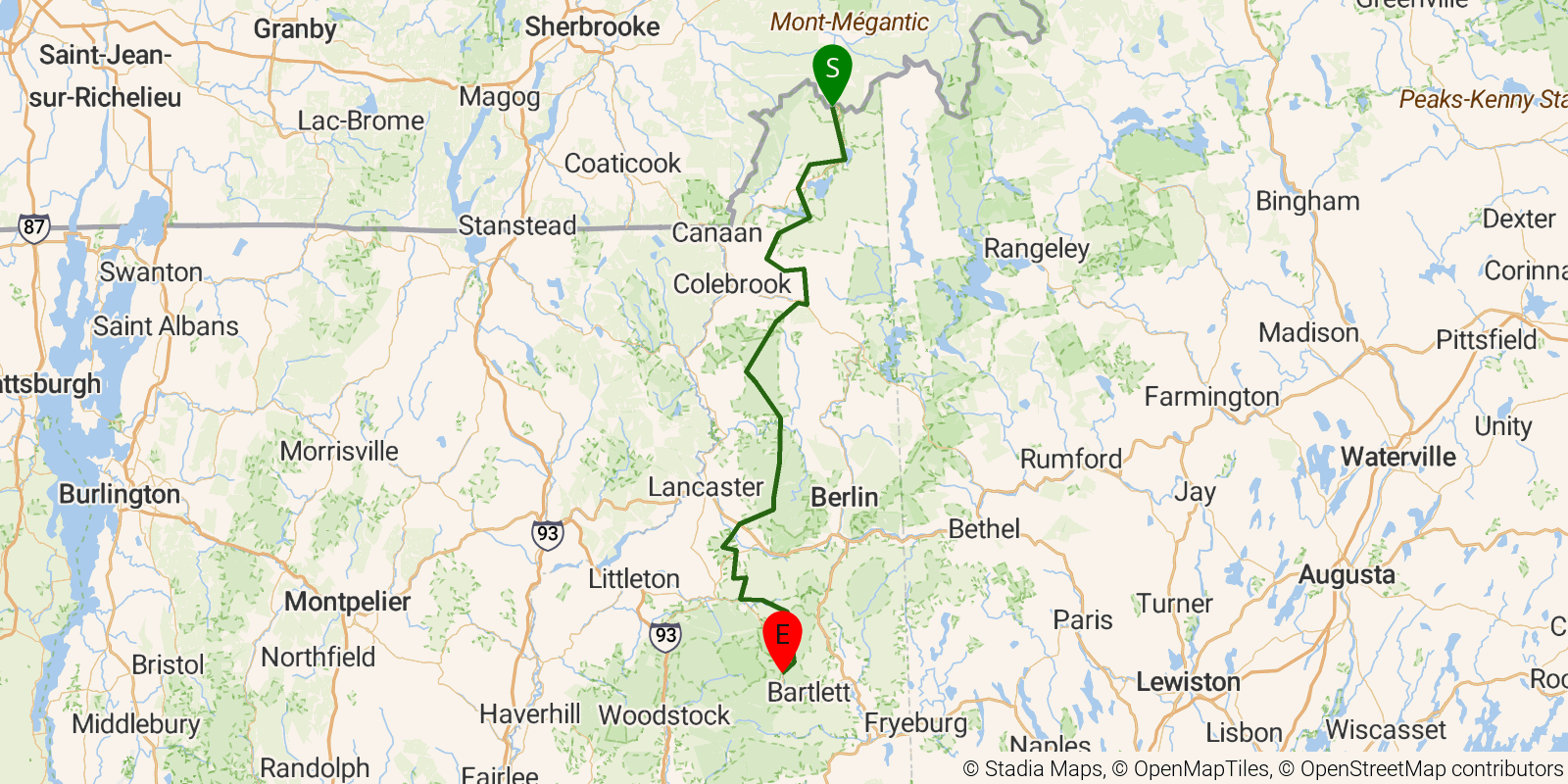 Route map of the Cohos Trail on OpenStreetMap terrain