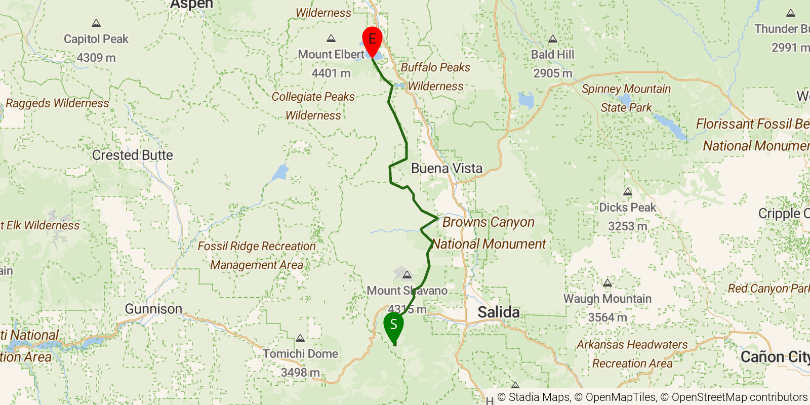 Route map of the Colorado Trail — Collegiate East on OpenStreetMap terrain