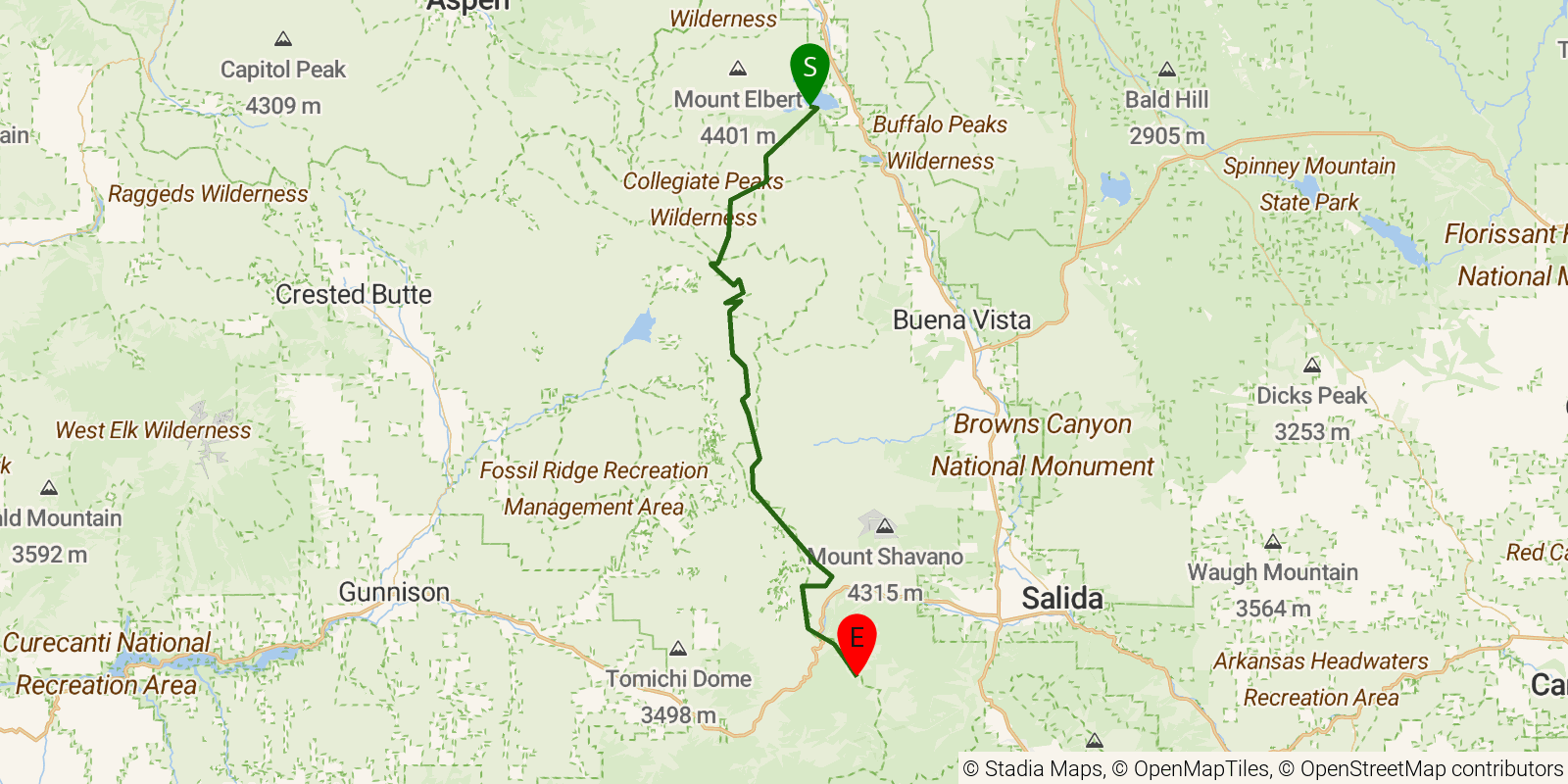Route map of the Colorado Trail — Collegiate West on OpenStreetMap terrain