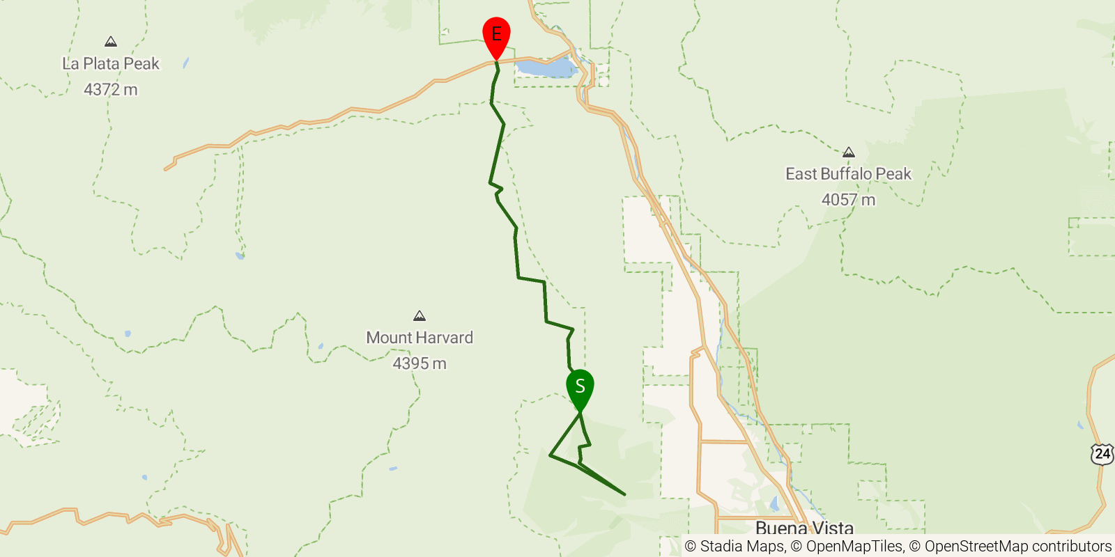 Route map of the Colorado Trail — Segment 12 on OpenStreetMap terrain
