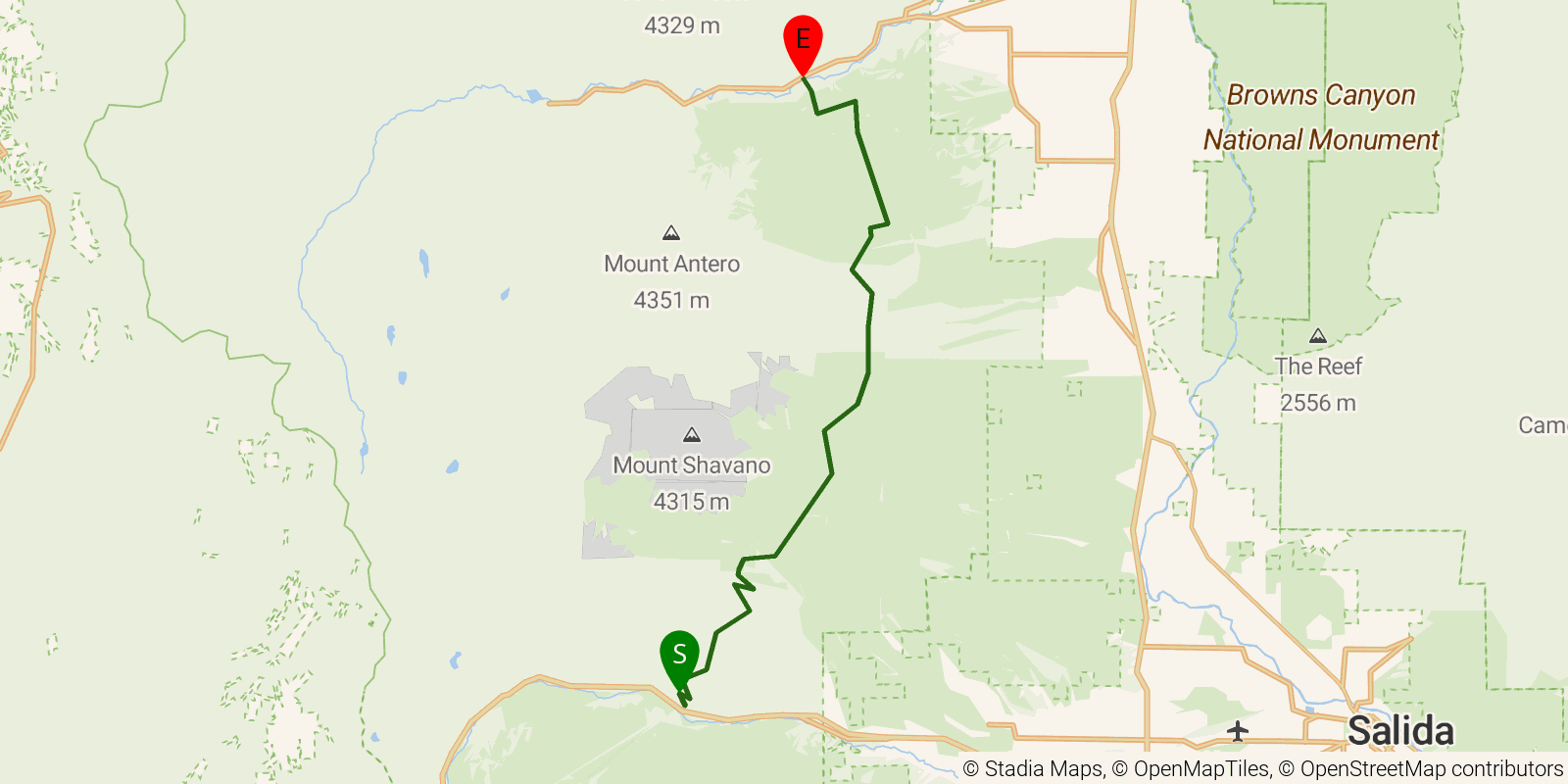 Route map of the Colorado Trail — Segment 14 on OpenStreetMap terrain