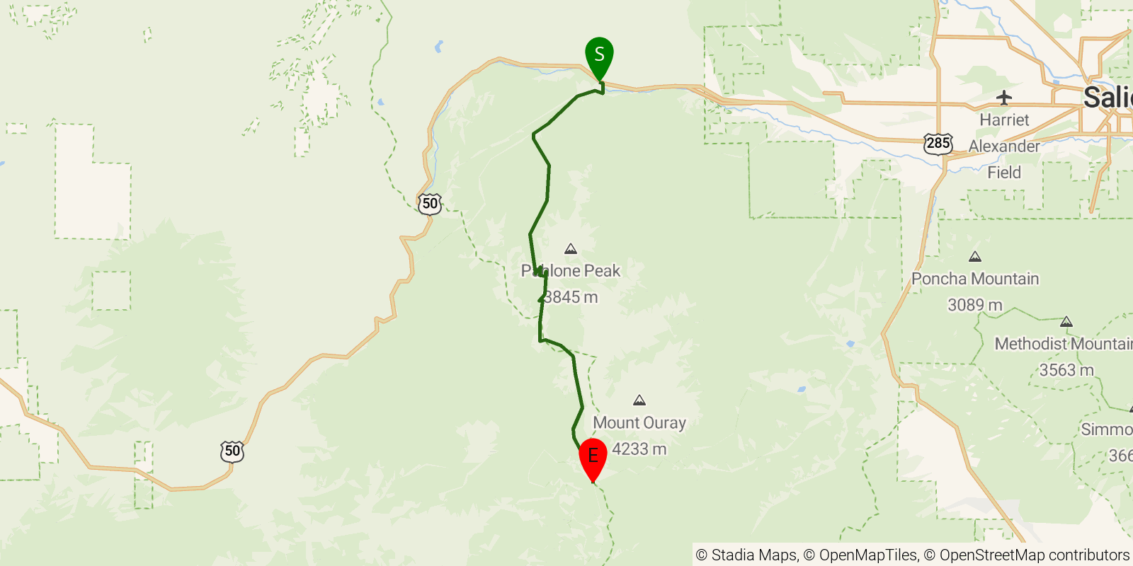 Route map of the Colorado Trail — Segment 15 on OpenStreetMap terrain