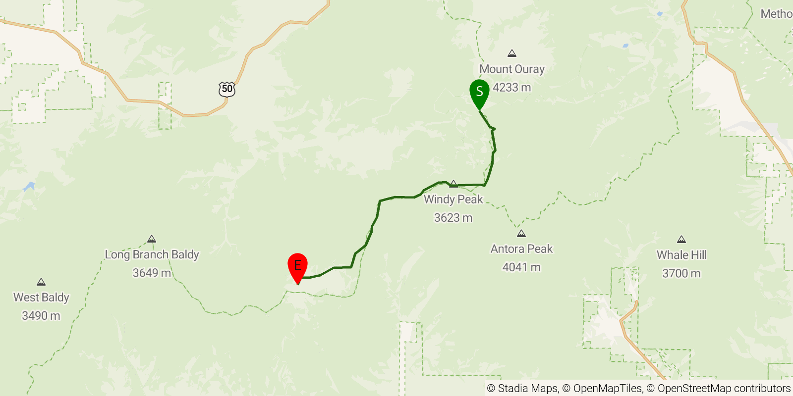 Route map of the Colorado Trail — Segment 16: Marshall Pass to Sargents Mesa on OpenStreetMap terrain