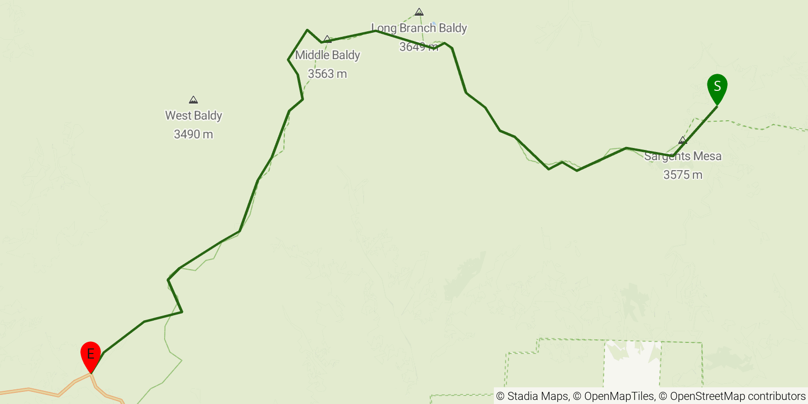 Route map of the Colorado Trail — Segment 17: Sargents Mesa to Colorado Hwy 114 on OpenStreetMap terrain