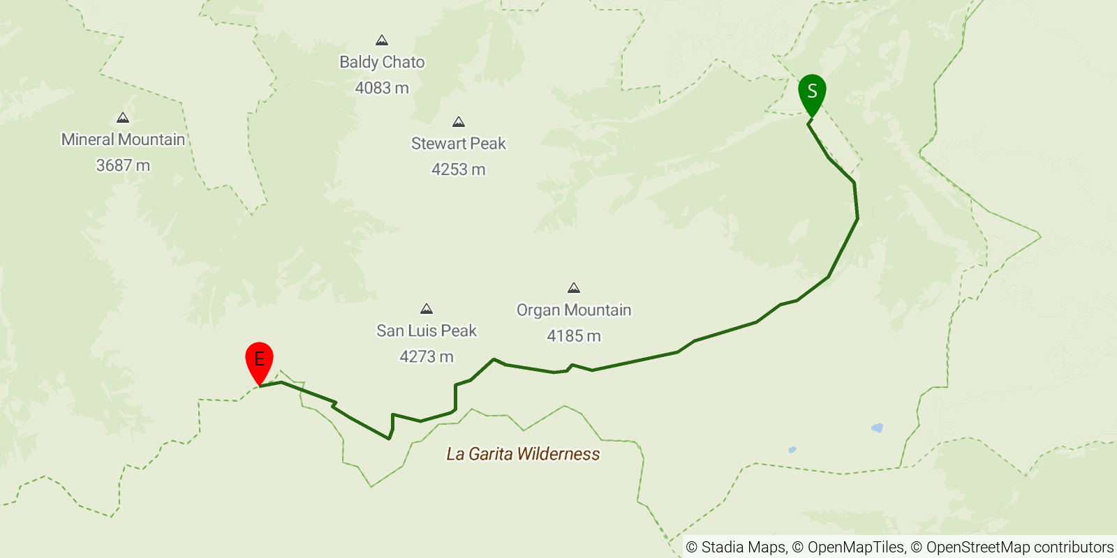 Route map of the Colorado Trail — Segment 20: Eddiesville to San Luis Pass on OpenStreetMap terrain