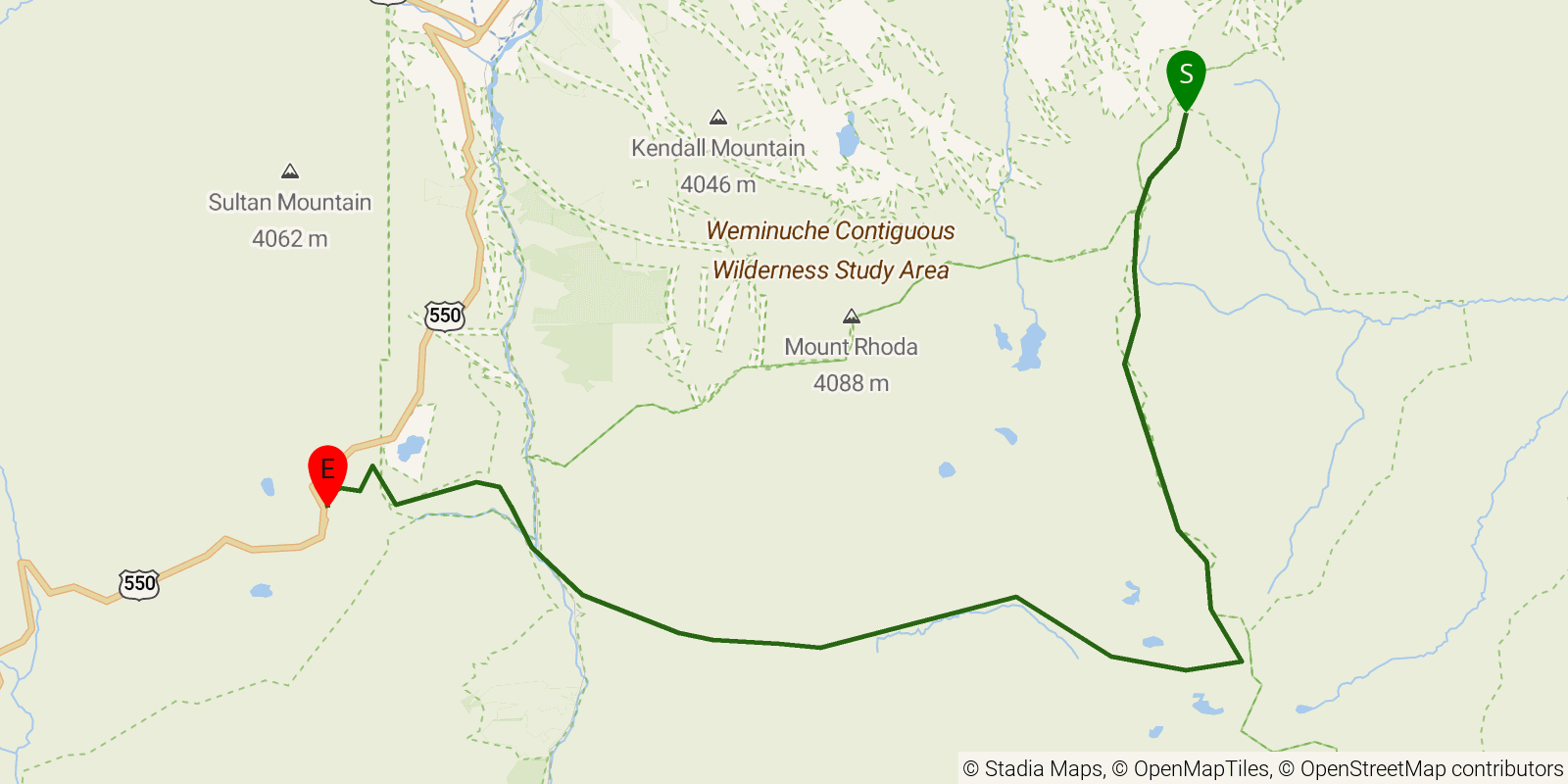 Route map of the Colorado Trail — Segment 24: Stony Pass to Molas Pass on OpenStreetMap terrain