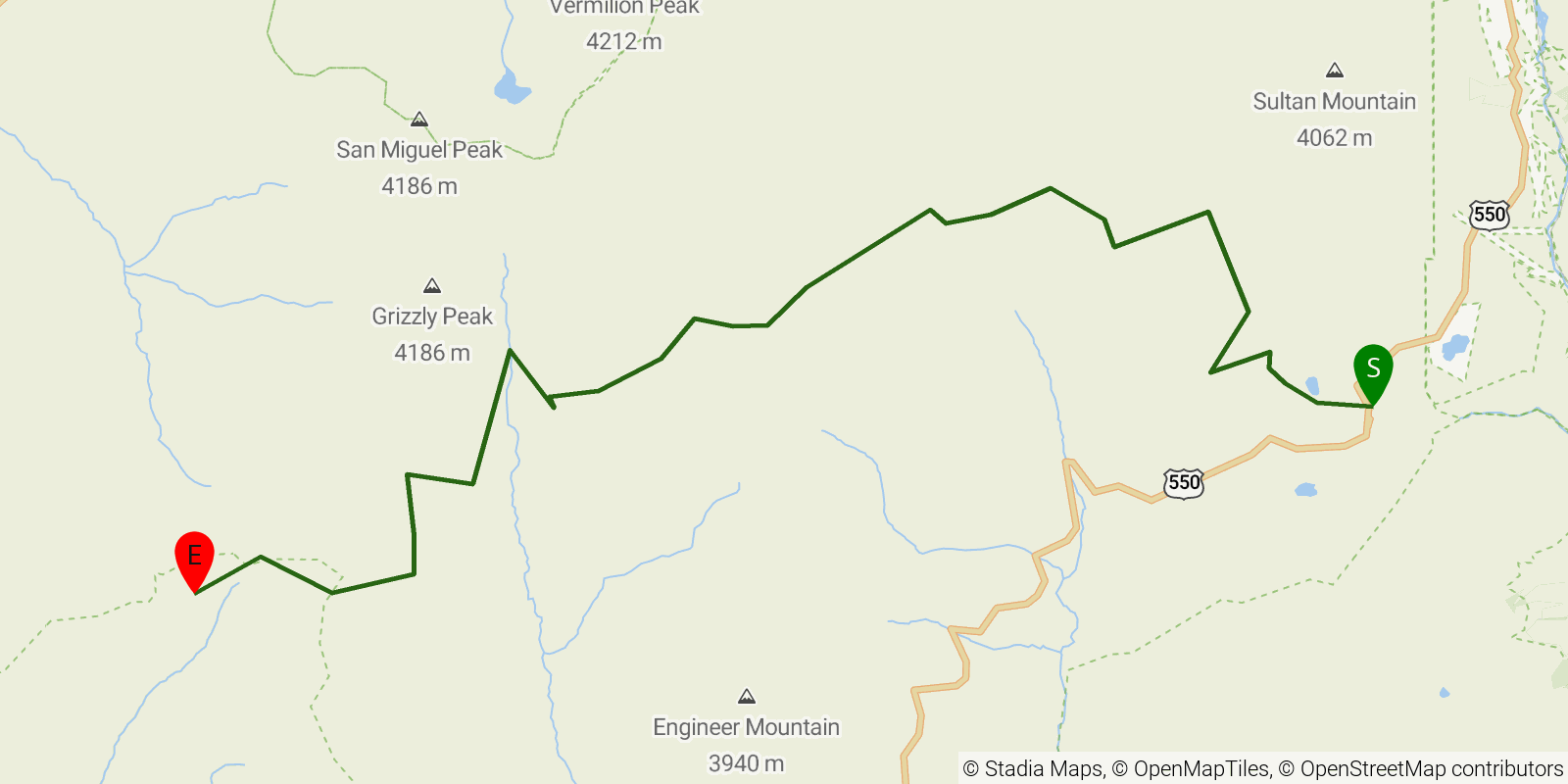 Route map of the Colorado Trail — Segment 25: Molas Pass to Bolam Pass Road on OpenStreetMap terrain