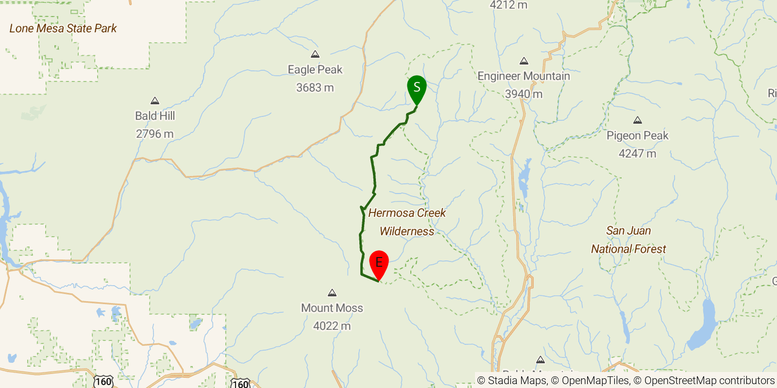 Route map of the Colorado Trail — Segment 27: Hotel Draw Road to Kennebec Trailhead on OpenStreetMap terrain