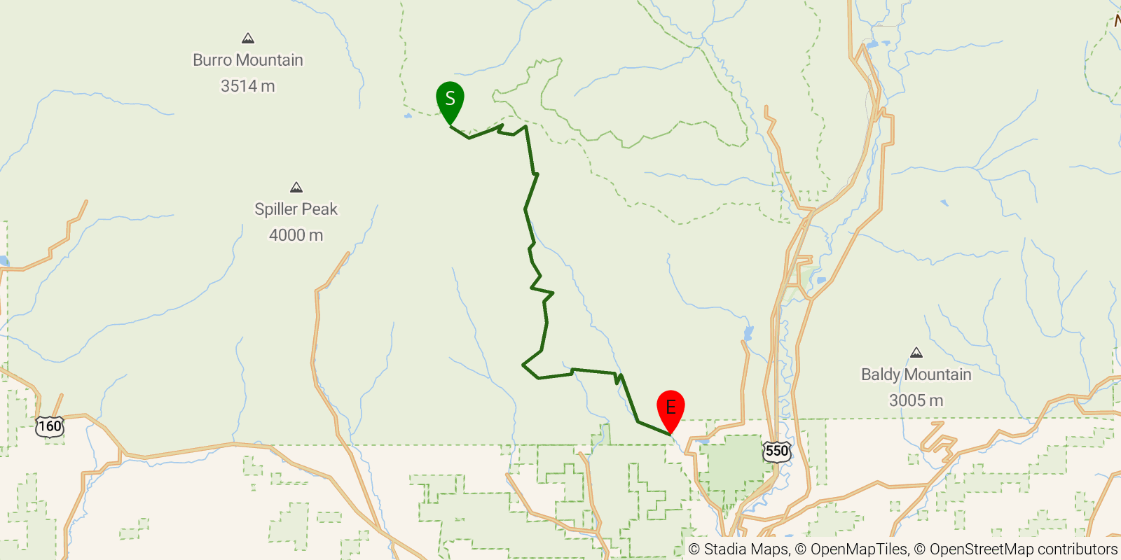 Route map of the Colorado Trail — Segment 28: Kennebec Trailhead to Junction Creek Trailhead on OpenStreetMap terrain