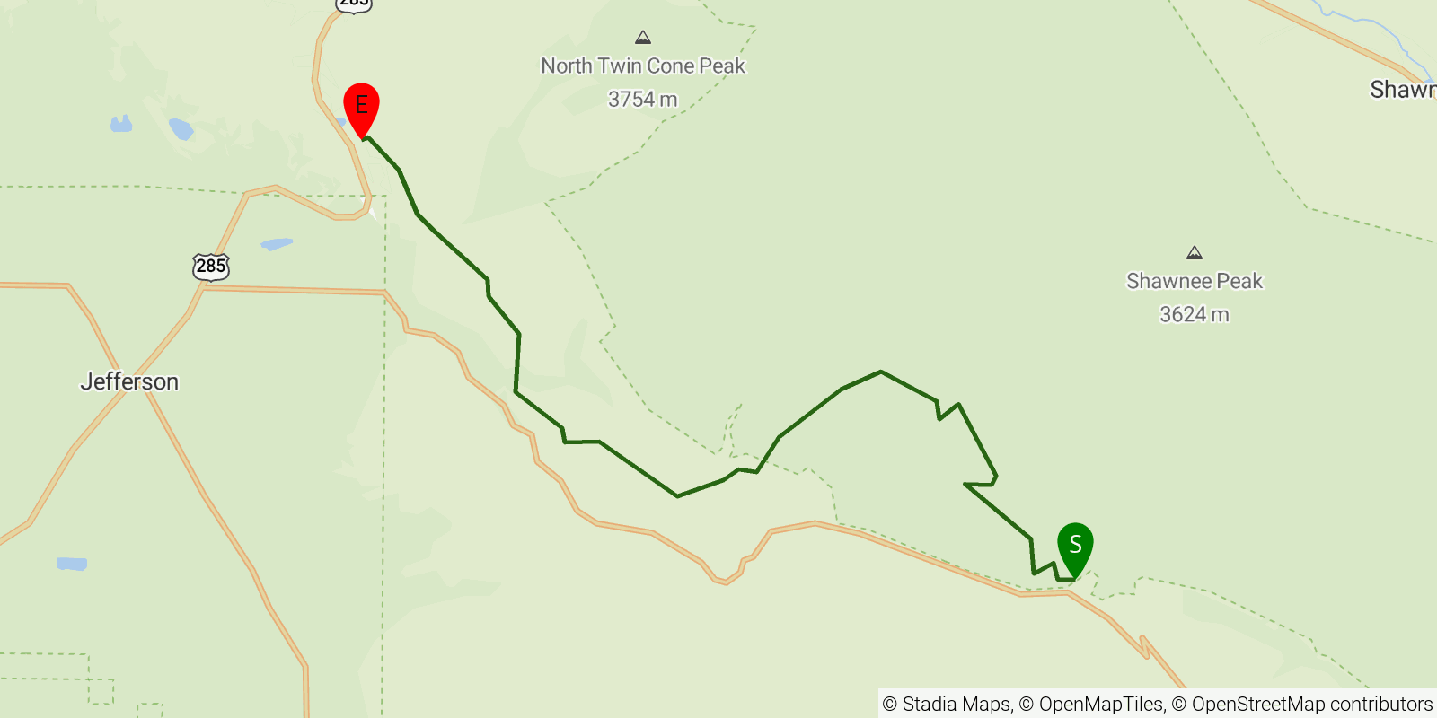 Route map of the Colorado Trail — Segment 5: Long Gulch to Kenosha Pass on OpenStreetMap terrain