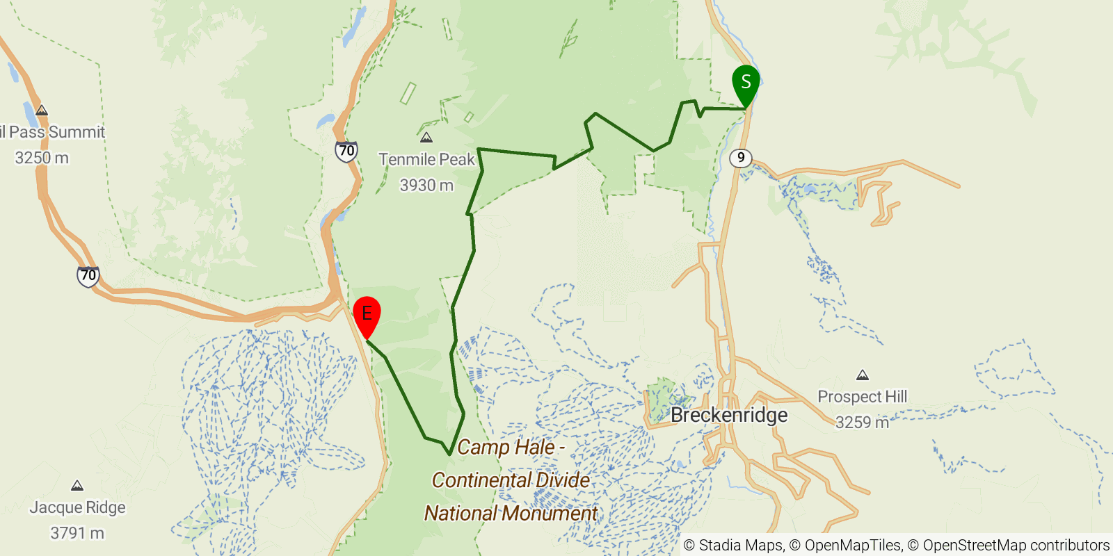Route map of the Colorado Trail — Segment 7: Gold Hill to Copper Mountain on OpenStreetMap terrain