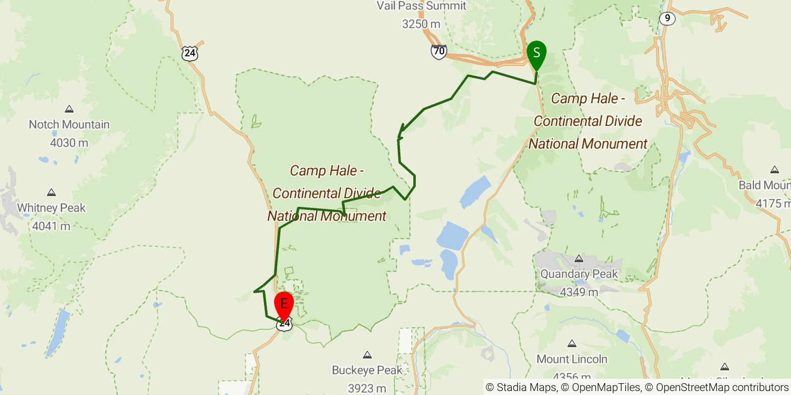 Route map of the Colorado Trail — Segment 8: Copper Mountain to Tennessee Pass on OpenStreetMap terrain