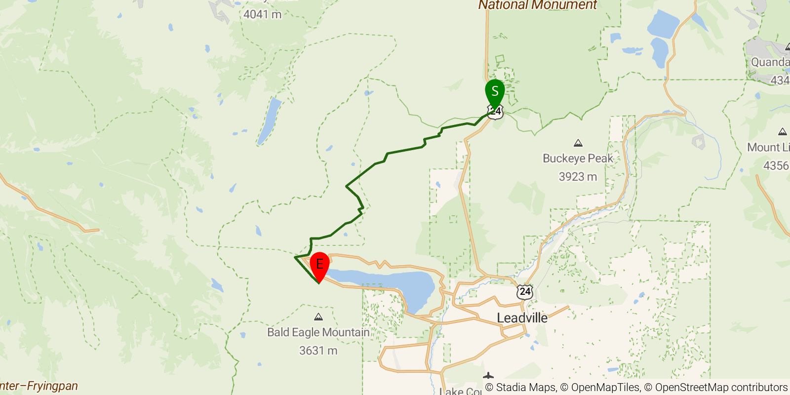 Route map of the Colorado Trail — Segment 9 (Tennessee Pass to Hagerman Pass Road) on OpenStreetMap terrain