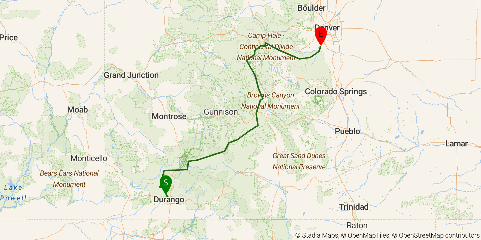 Route map of the Colorado Trail on OpenStreetMap terrain
