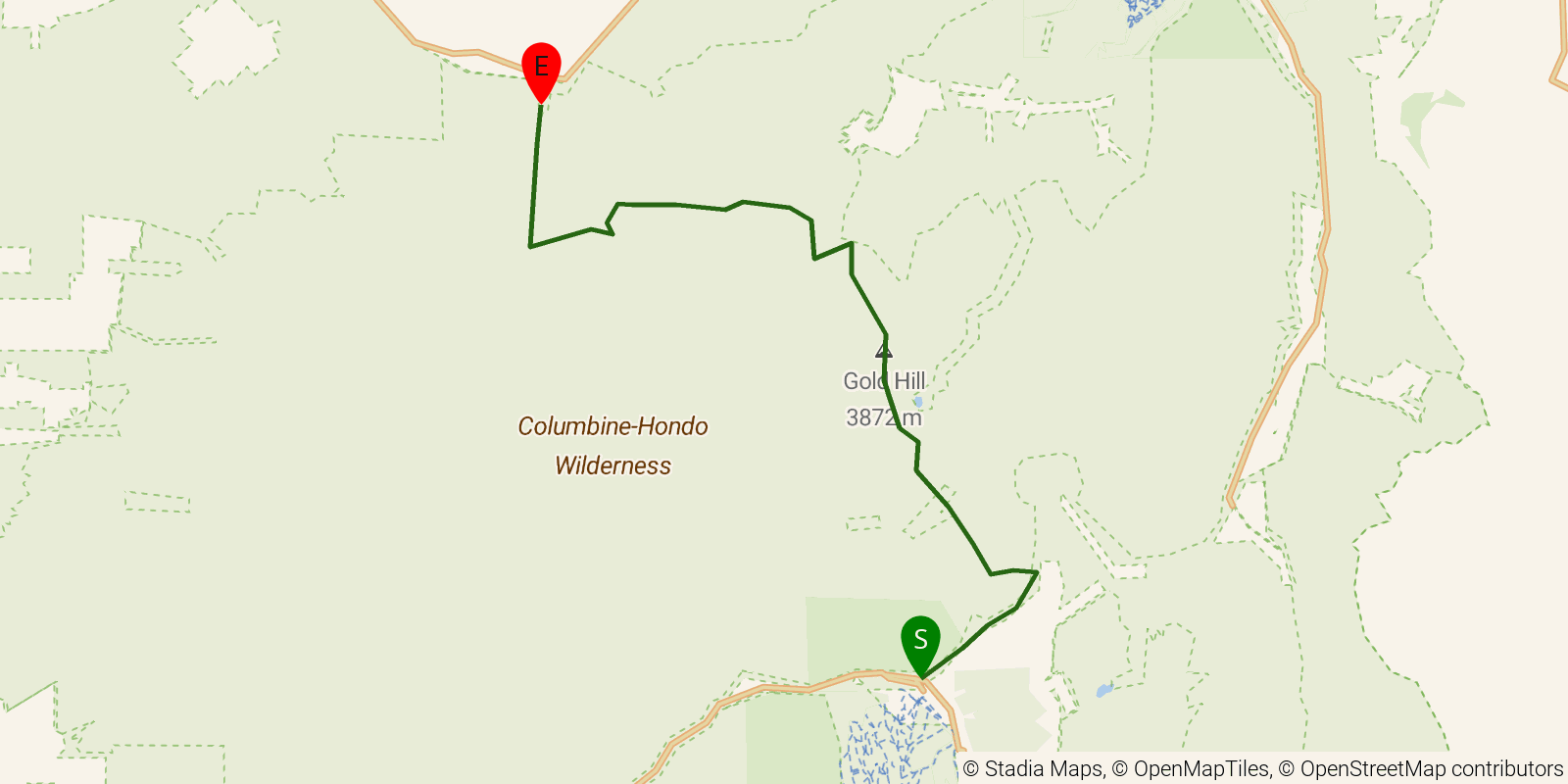 Route map of the Columbine-Twining National Recreation Trail on OpenStreetMap terrain