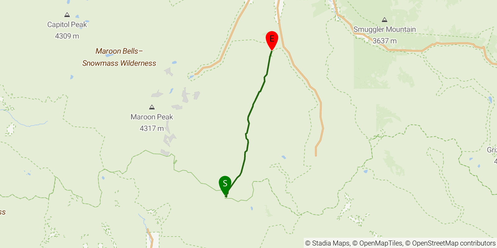 Route map of the Conundrum Hot Springs on OpenStreetMap terrain
