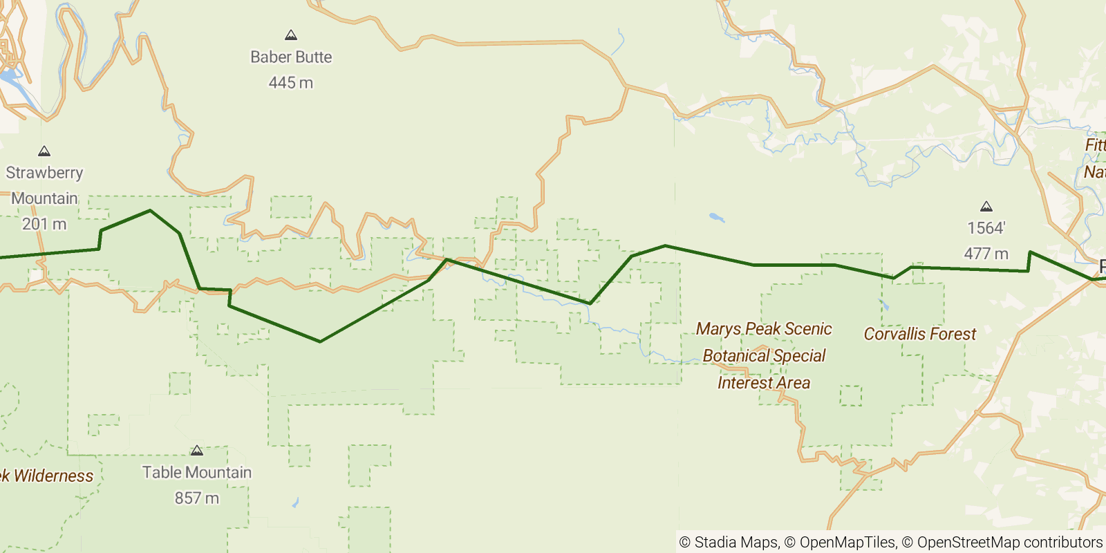 Route map of the Corvallis-to-the-Sea Trail on OpenStreetMap terrain