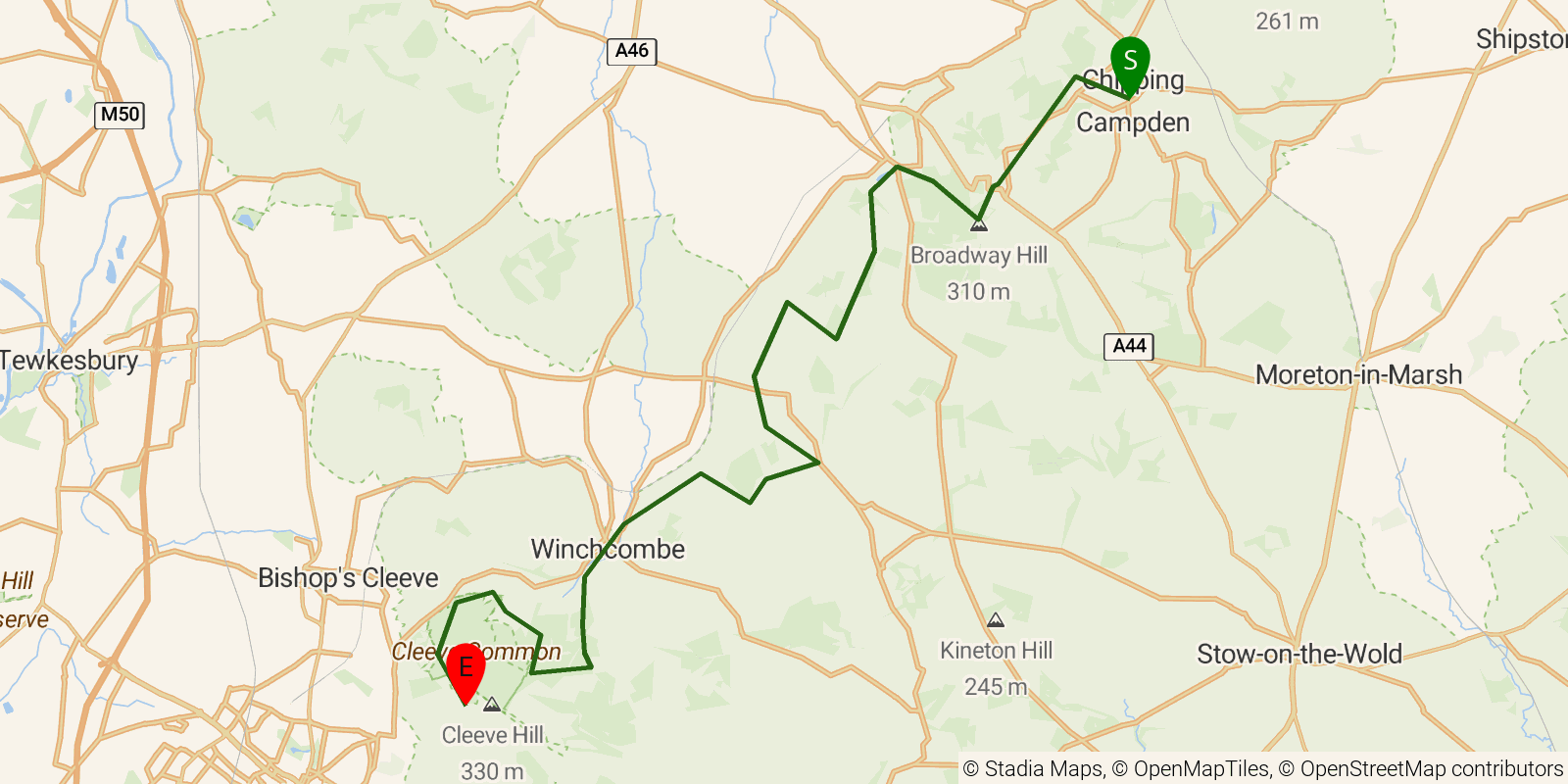 Route map of the Cotswold Way — Sections 1–4: Chipping Campden to Cleeve Hill on OpenStreetMap terrain