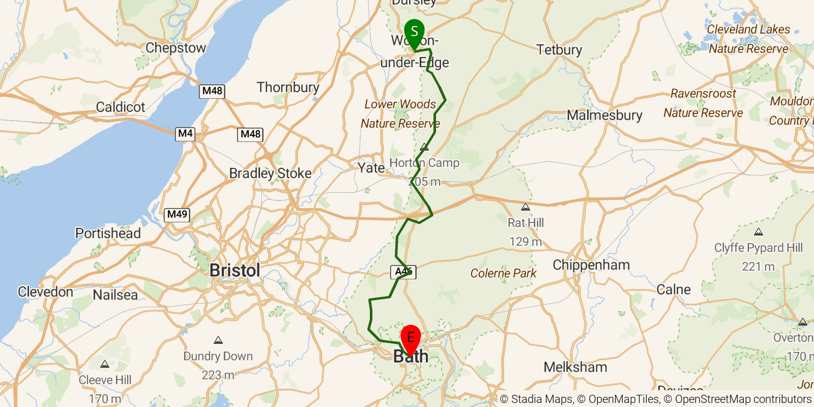 Route map of the Cotswold Way — Sections 12–15: Wotton-under-Edge to Bath on OpenStreetMap terrain