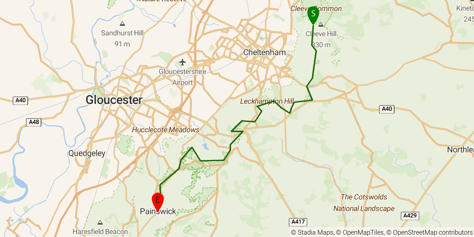 Route map of the Cotswold Way — Sections 5–8: Cleeve Hill to Painswick on OpenStreetMap terrain