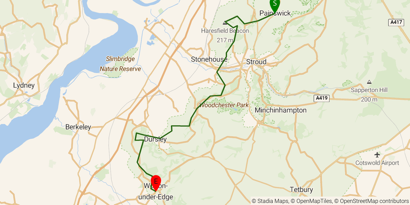 Route map of the Cotswold Way — Sections 9–11: Painswick to Wotton-under-Edge on OpenStreetMap terrain