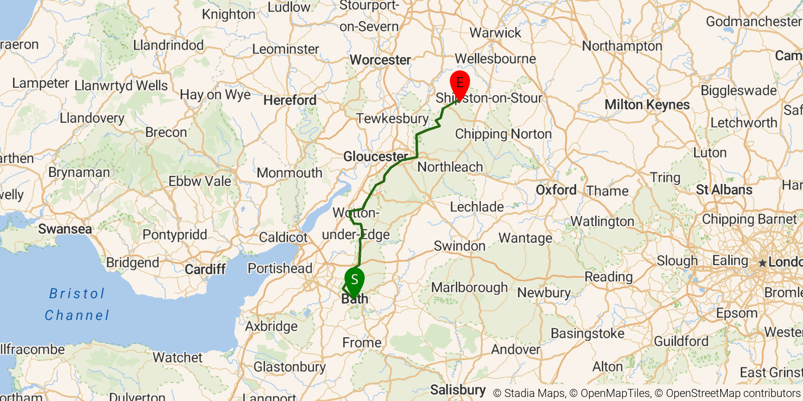Route map of the Cotswold Way on OpenStreetMap terrain