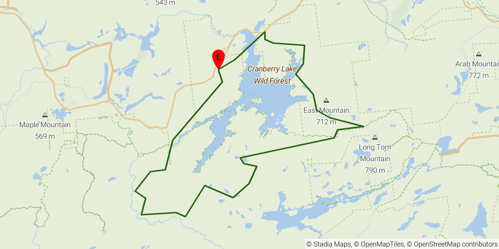 Route map of the Cranberry Lake 50 on OpenStreetMap terrain