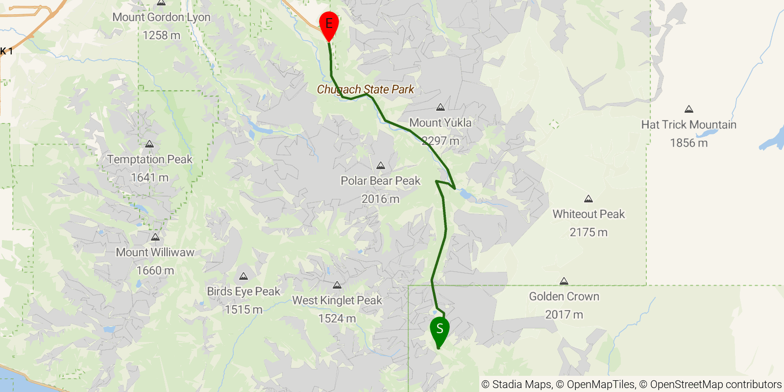 Route map of the Crow Pass Trail on OpenStreetMap terrain