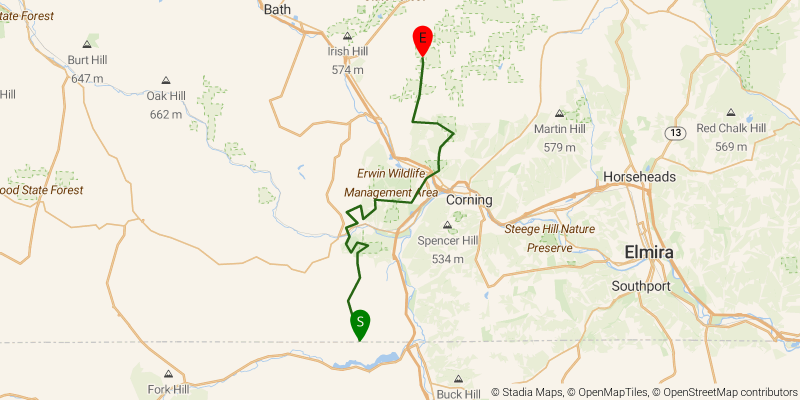 Route map of the Crystal Hills Trail on OpenStreetMap terrain