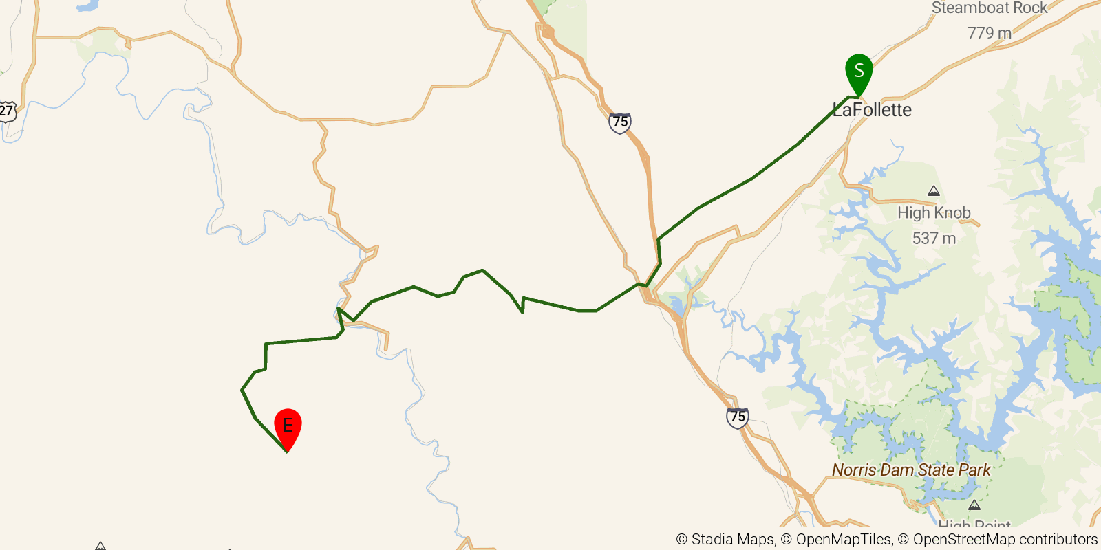 Route map of the Cumberland Trail — Section 1: Tank Springs to Smoky Road on OpenStreetMap terrain