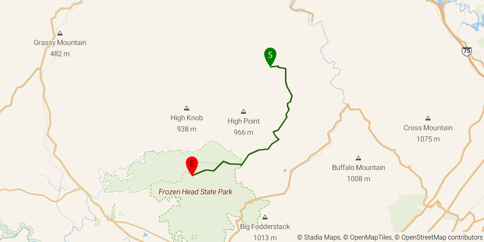 Route map of the Cumberland Trail — Section 2: Smoky Road to Frozen Head Boundary on OpenStreetMap terrain