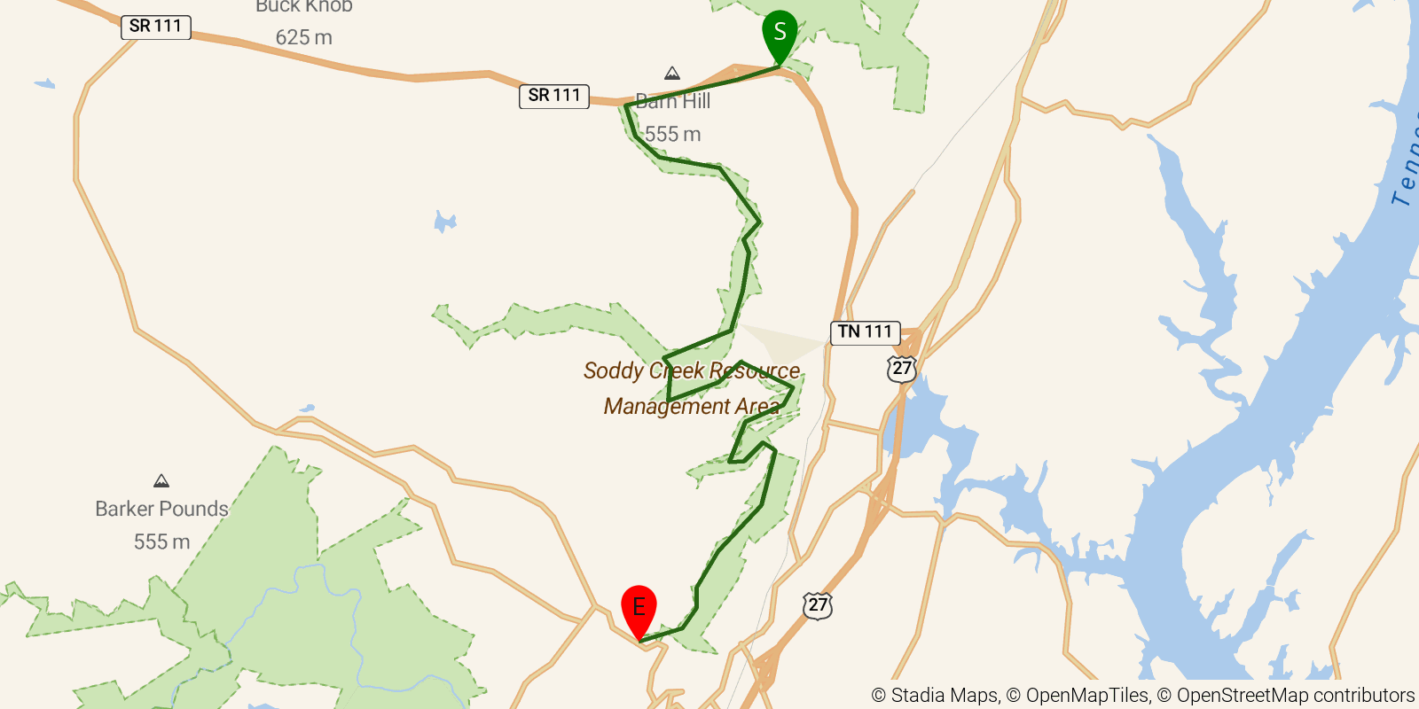 Route map of the Cumberland Trail — Section 4: Big Possum Creek to Mowbray Pike on OpenStreetMap terrain