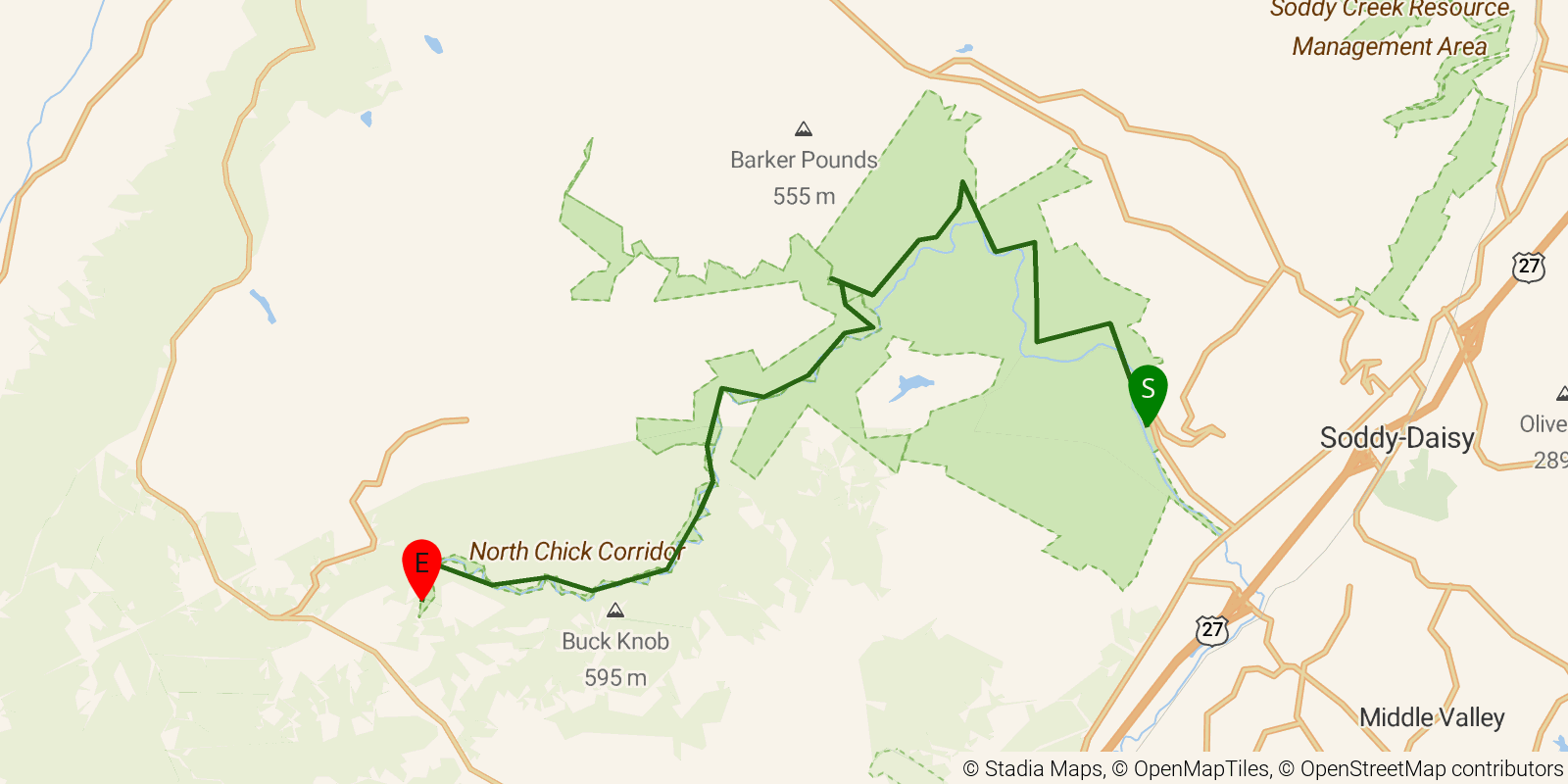 Route map of the Cumberland Trail — Section 5: North Chickamauga to Hall Road on OpenStreetMap terrain
