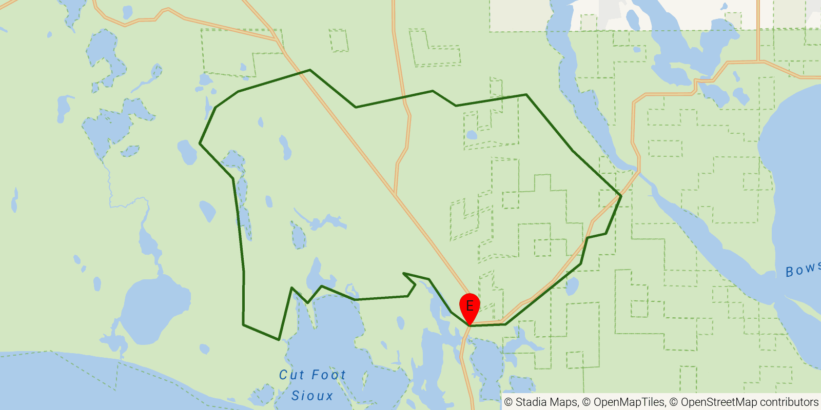 Route map of the Cut Foot Sioux National Recreation Trail on OpenStreetMap terrain