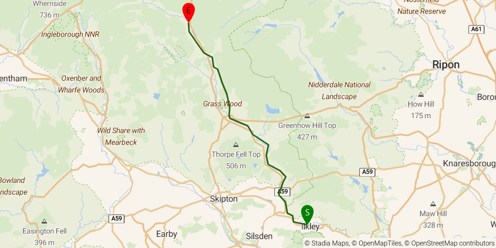 Route map of the Dales Way — Stages 1–2: Ilkley to Buckden on OpenStreetMap terrain