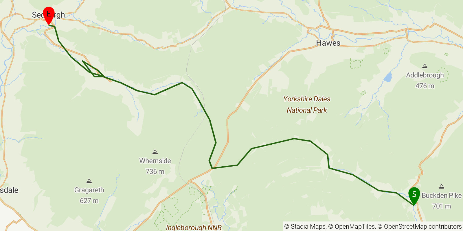 Route map of the Dales Way — Stages 3–4: Buckden to Sedbergh on OpenStreetMap terrain