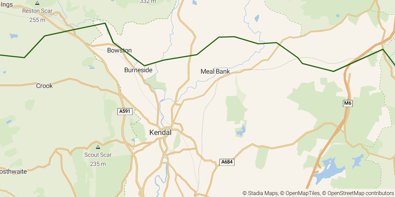 Route map of the Dales Way — Stages 5–6: Sedbergh to Bowness-on-Windermere on OpenStreetMap terrain