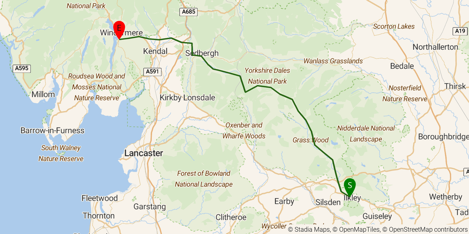 Route map of the Dales Way on OpenStreetMap terrain