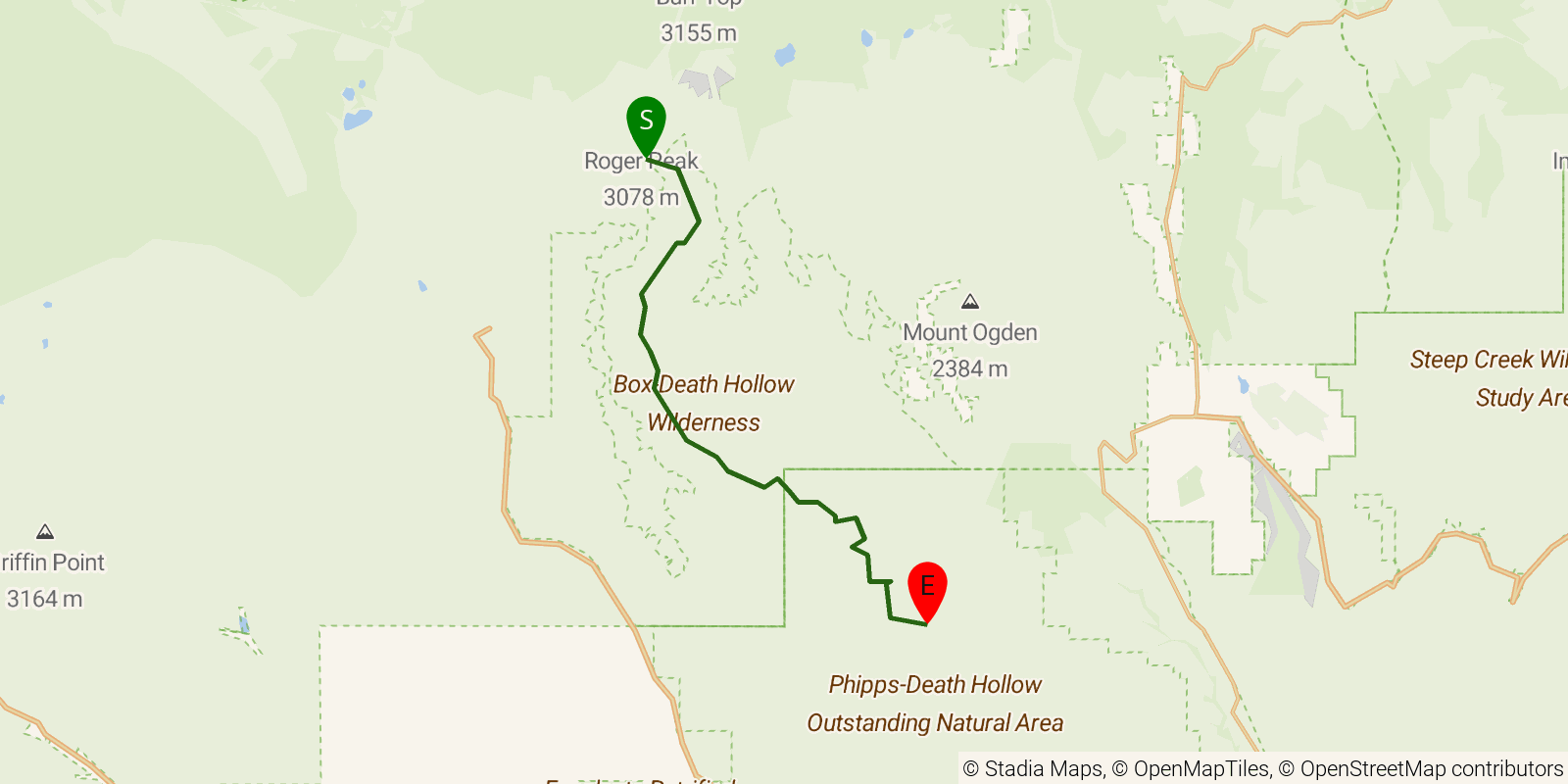 Route map of the Death Hollow (upper) on OpenStreetMap terrain