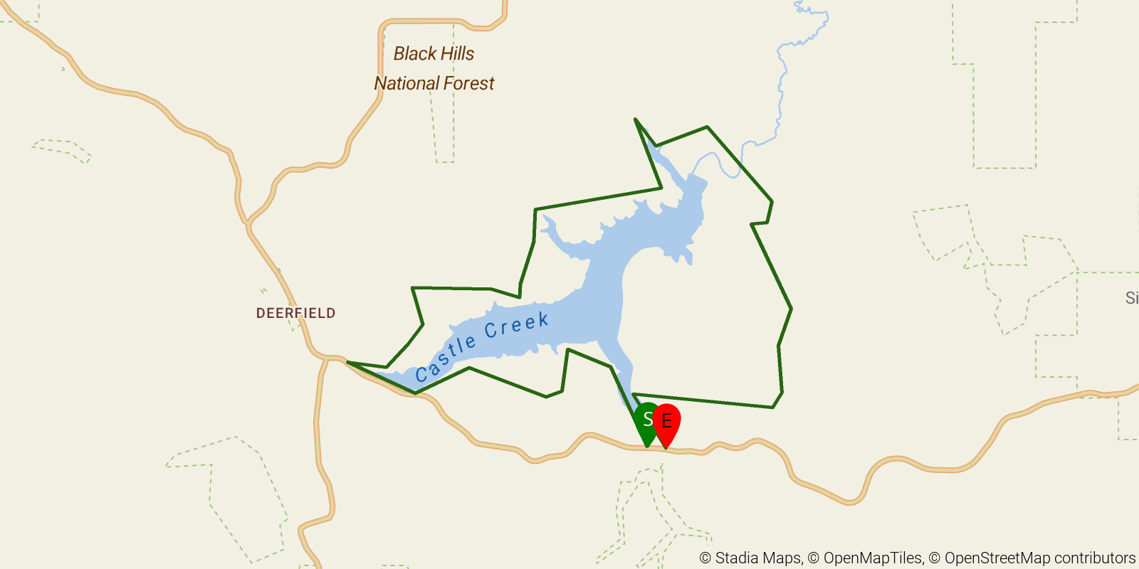 Route map of the Deerfield Trail on OpenStreetMap terrain
