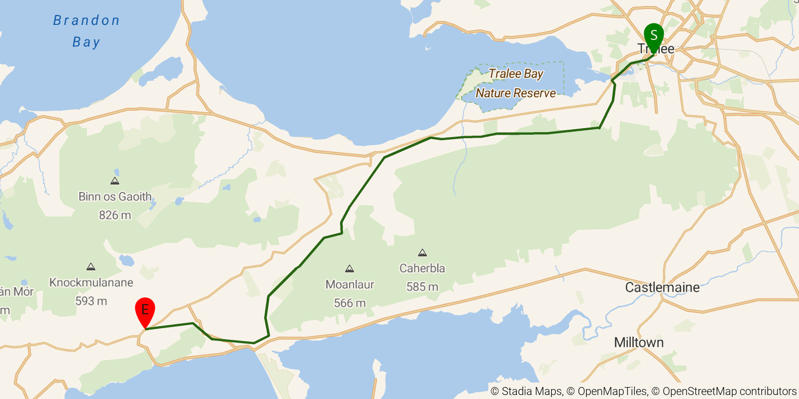 Route map of the Dingle Way — Stages 1–2: Tralee to Annascaul on OpenStreetMap terrain
