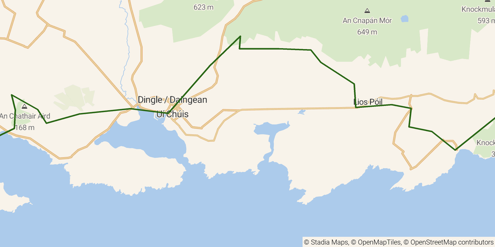 Route map of the Dingle Way — Stages 3–4: Annascaul to Dunquin on OpenStreetMap terrain