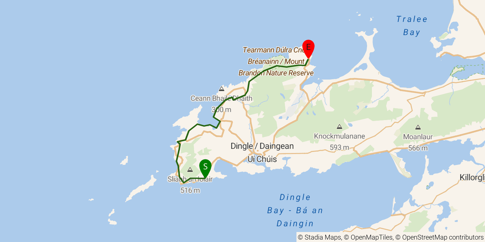 Route map of the Dingle Way — Stages 5–6: Dunquin to Cloghane on OpenStreetMap terrain