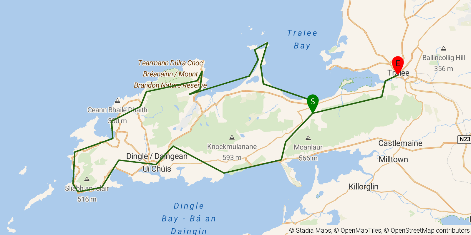 Route map of the The Dingle Way on OpenStreetMap terrain